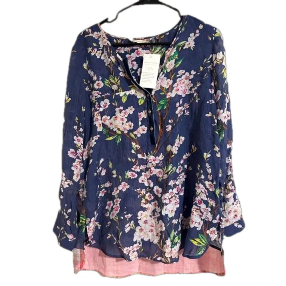 NWT Soft Surroundings Adele Semi-sheer Cherry  blossom blouse tunic button